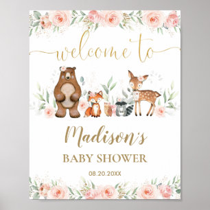 Póster Pink Floral Woodland Animal Baby Shower Welcome
