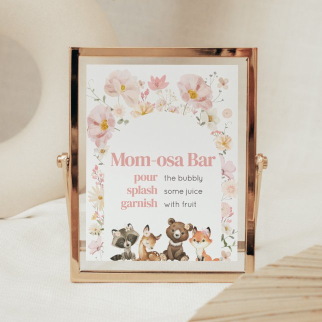 Póster Pink Floral Woodland Animals Mom-Osa Bar (Pink Flower Woodland Animals Baby Shower Mom Osa Bar Sign)