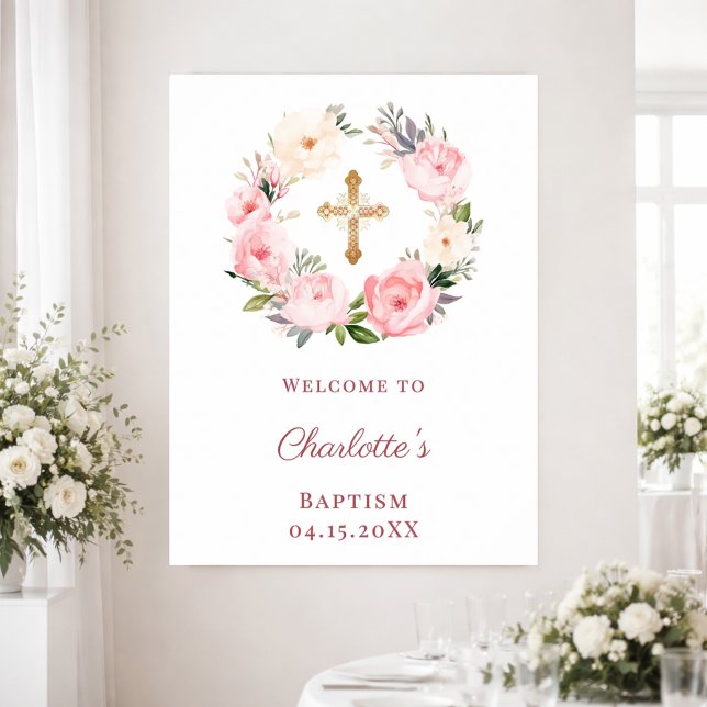 Póster Pink floral wreath Baptism welcome (Subido por el creador)