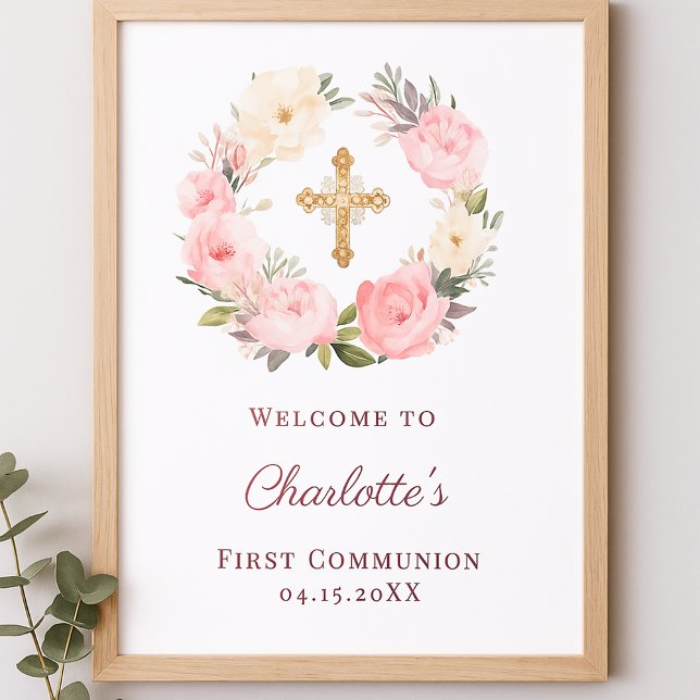 Póster Pink floral wreath First Communion welcome (Subido por el creador)