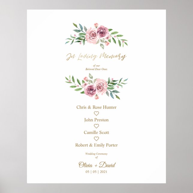 Póster Pink Floral Wreath In Loving Memory Wedding Table (Frente)