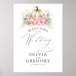 Póster Pink Flowers and Pumpkins Wedding Welcome Poster