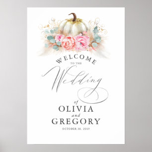 Póster Pink Flowers and Pumpkins Wedding Welcome Poster