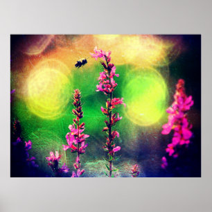 Póster Pink Flowers N Bee Yellow Bokah Poster
