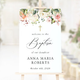 Póster Pink Flowers, White Flowers, Boho, Baptism Welcome