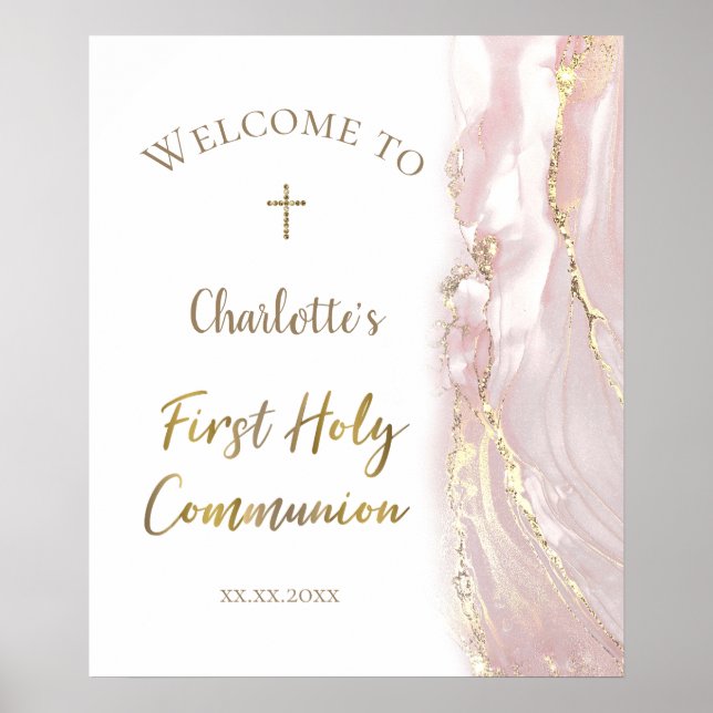 Póster pink fluid marble | First Communion welcome sign (Frente)