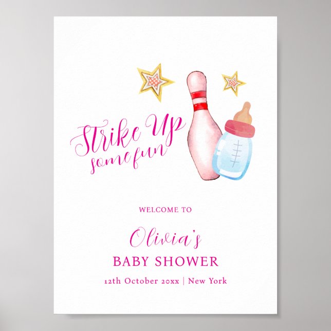 Póster Pink Fun Strike Up Bowling Baby Shower Welcome (Frente)
