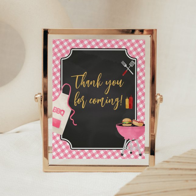 Póster Pink Gingham BBQ Baby Shower Gracias por venir (Girl Baby-Q Baby Shower thank you for Coming Sign)