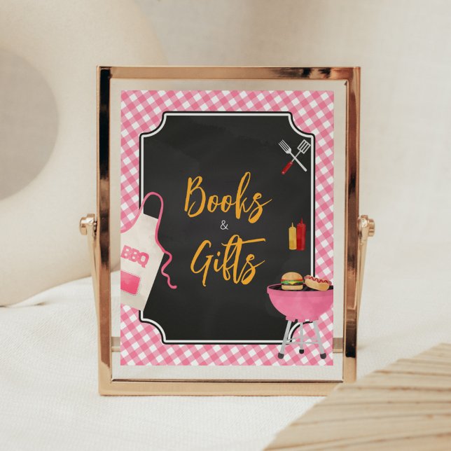 Póster Pink Gingham BBQ Baby Shower Libros y Regalos (Girl Baby-Q Baby Shower Books and Gifts Sign)
