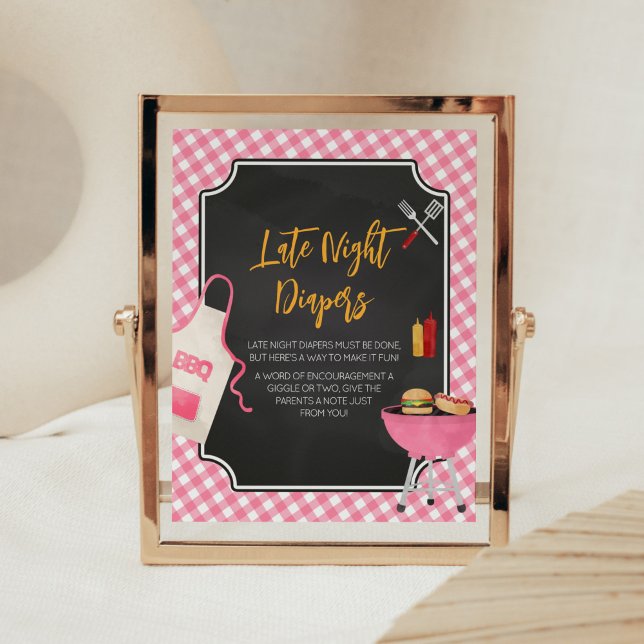 Póster Pink Gingham BBQ Baby Shower Tarde Noche Diapers (Girl Baby-Q Baby Shower Late Night Diapers Sign)