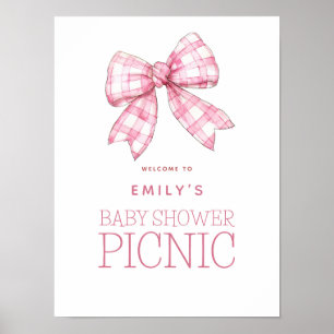 Póster Pink Gingham Bow Bienvenidos Baby Shower Picnic