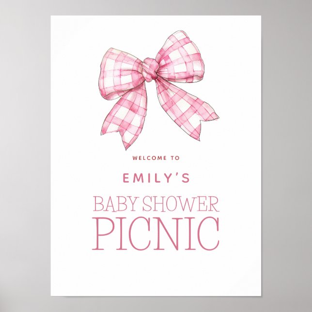 Póster Pink Gingham Bow Bienvenidos Baby Shower Picnic (Frente)