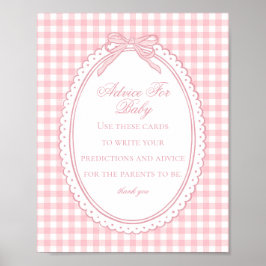 Póster Pink Gingham Coquette Bow Advice for Baby Shower