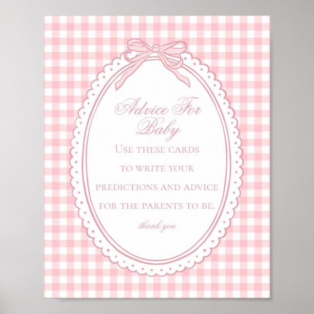 Póster Pink Gingham Coquette Bow Advice for Baby Shower (Frente)