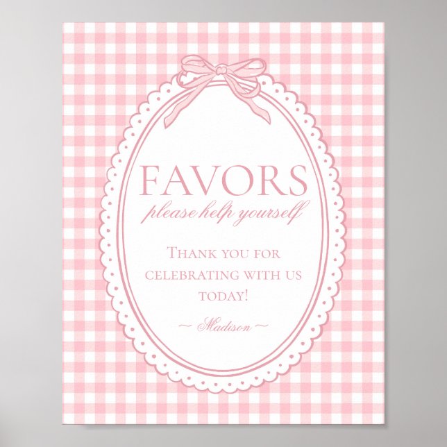 Póster Pink Gingham Coquette Bow Favors Sign (Frente)