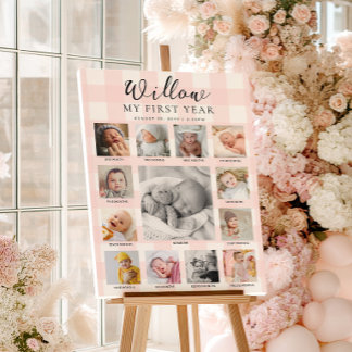 Póster Pink Gingham First Birthday Photo Timeline