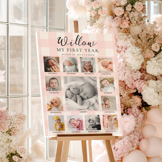Póster Pink Gingham First Birthday Photo Timeline (Subido por el creador)