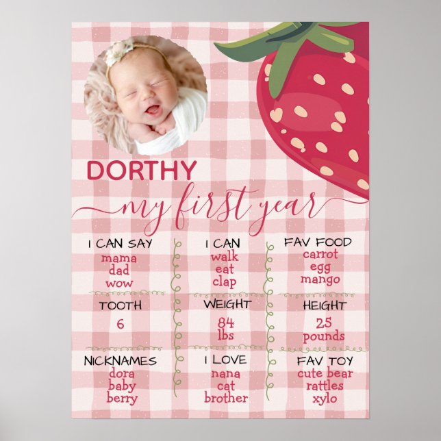 Póster Pink Gingham Strawberry First Birthday Milestone  (Frente)