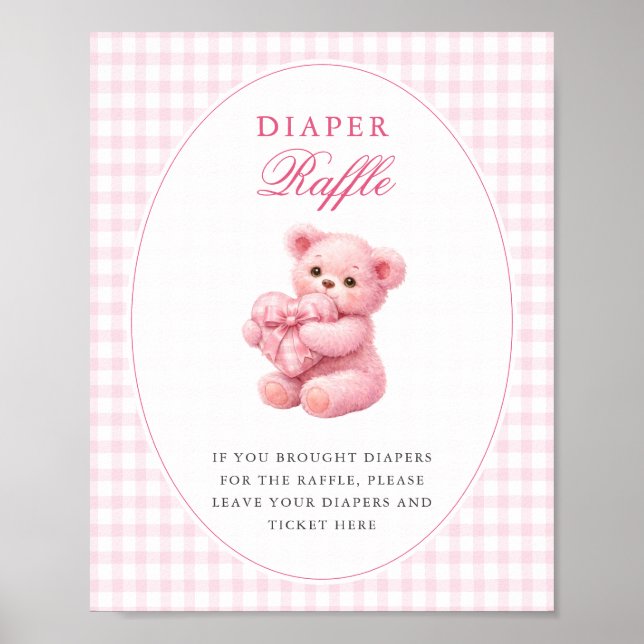 Póster Pink Gingham Teddy Bear Neutral Baby Shower (Frente)