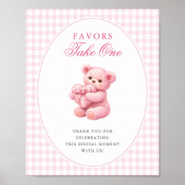 Póster Pink Gingham Teddy Bear Neutral Baby Shower