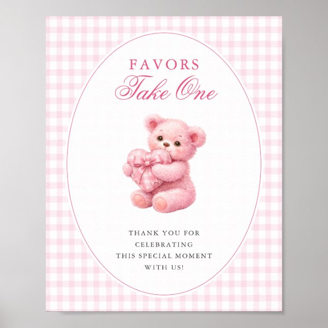 Póster Pink Gingham Teddy Bear Neutral Baby Shower (Frente)