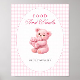 Póster Pink Gingham Teddy Bear Neutral Baby Shower