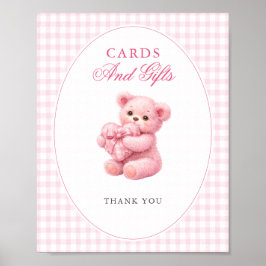 Póster Pink Gingham Teddy Bear Neutral Baby Shower