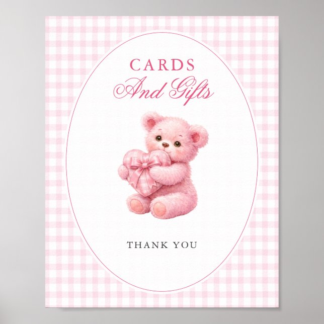Póster Pink Gingham Teddy Bear Neutral Baby Shower (Frente)