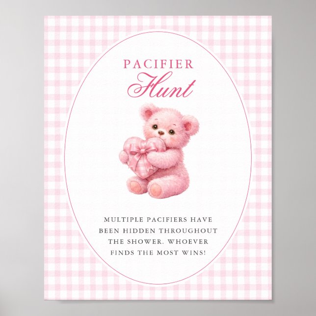 Póster Pink Gingham Teddy Bear Neutral Baby Shower (Frente)
