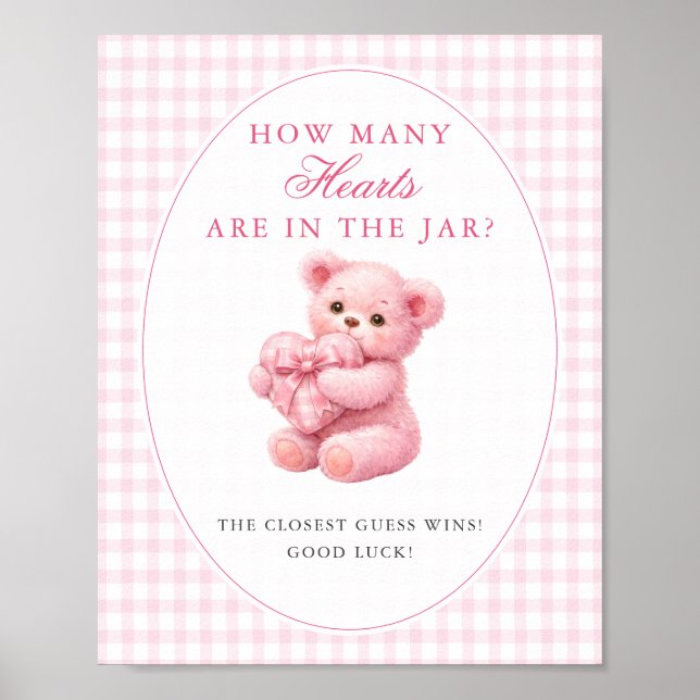 Póster Pink Gingham Teddy Bear Neutral Baby Shower (Frente)