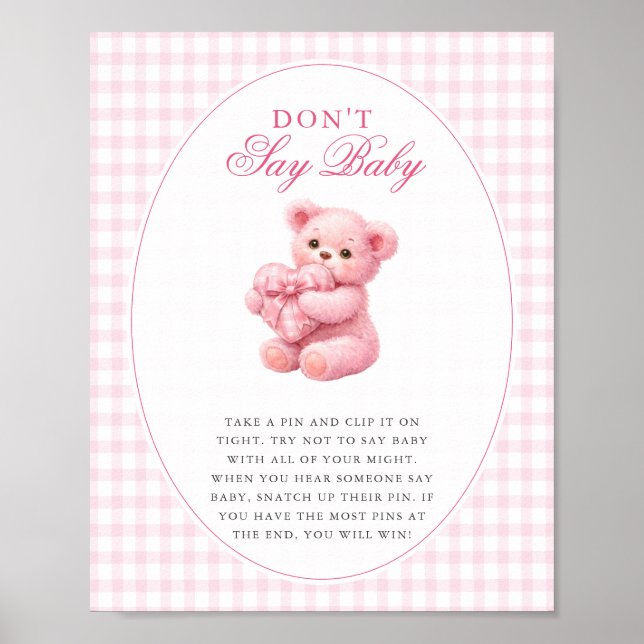 Póster Pink Gingham Teddy Bear Neutral Baby Shower (Frente)
