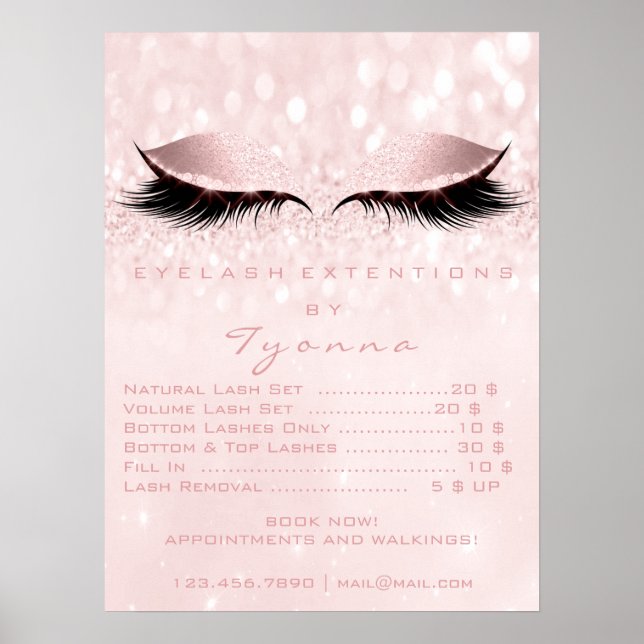Póster Pink Girly Makeup Eyes Lashes Extension Price List (Frente)