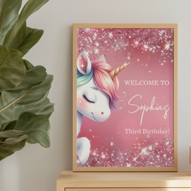 Póster Pink Glitter Rainbow Unicorn Birthday Welcome (Subido por el creador)