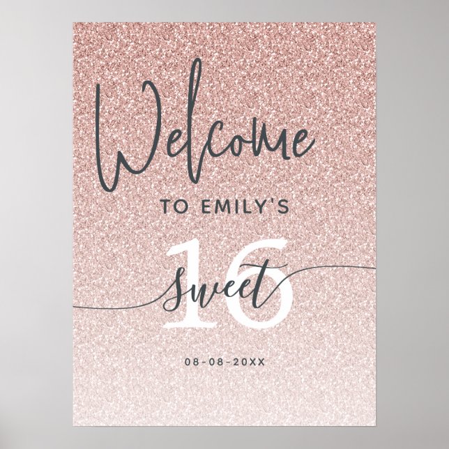 Póster Pink Glitter Sweet 16 Welcome Sign Poster (Frente)