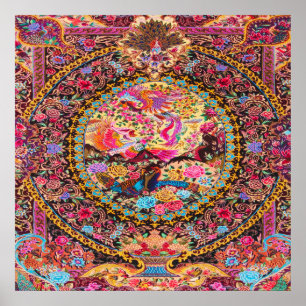 Póster Pink Gold Blue Flores Florales Persas Peacock