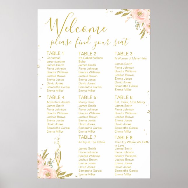 Póster Pink Gold Floral Bridal shower seating Poster (Frente)