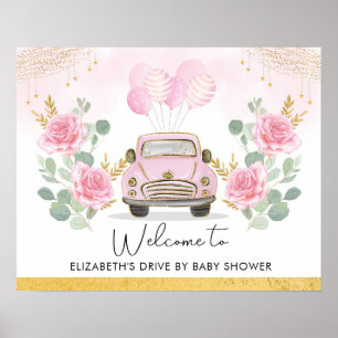 Póster Pink Gold Floral Drive By Baby Shower Welcome