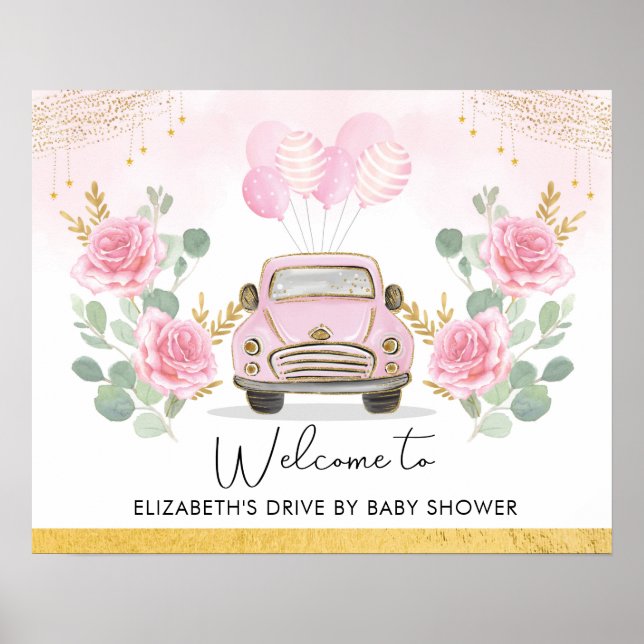 Póster Pink Gold Floral Drive By Baby Shower Welcome (Frente)
