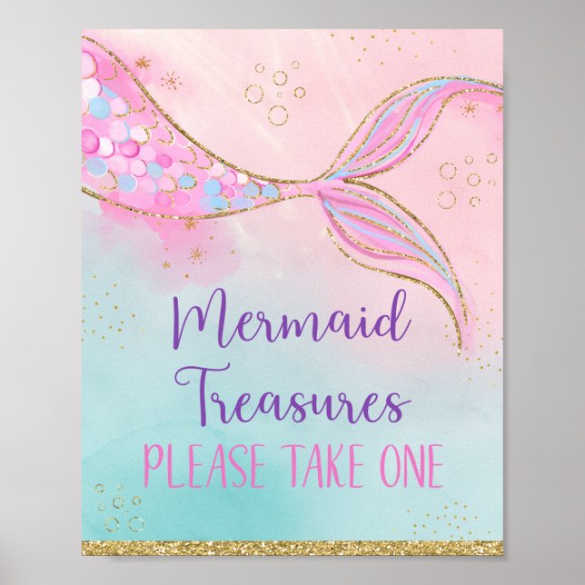Póster Pink Gold Mermaid Treasures El Favor De La Fiesta  (Frente)