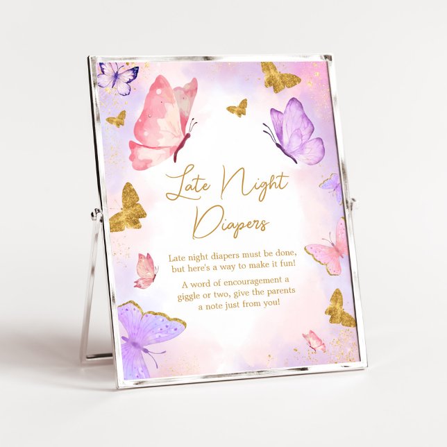 Póster Pink Gold Morple Butfly Late Night Diapers (Boho Butterfly Baby Shower Late Night Diapers Sign)