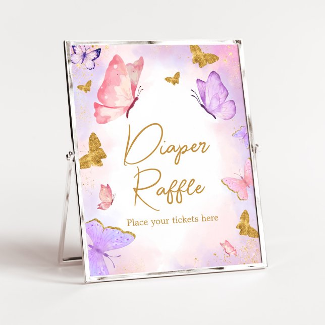 Póster Pink Gold Morple Butterfly Diaper Raffle (Boho Butterfly Baby Shower Diaper Raffle Sign)