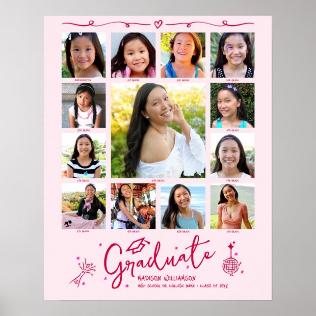 Póster Pink Graduation K–12 Photo Collage Red Doodles Fun (Frente)