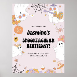 Póster Pink Groovy Ghost Birthday Welcome Sign