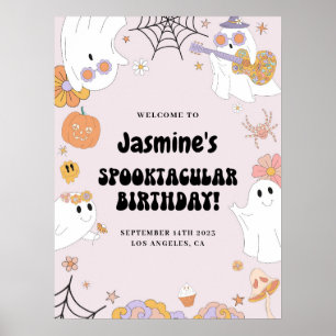 Póster Pink Groovy Ghost Birthday Welcome Sign
