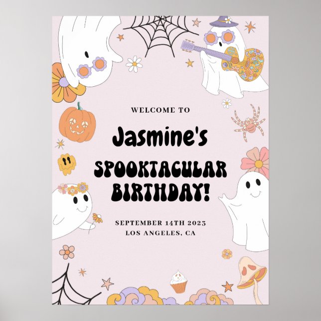 Póster Pink Groovy Ghost Birthday Welcome Sign (Frente)