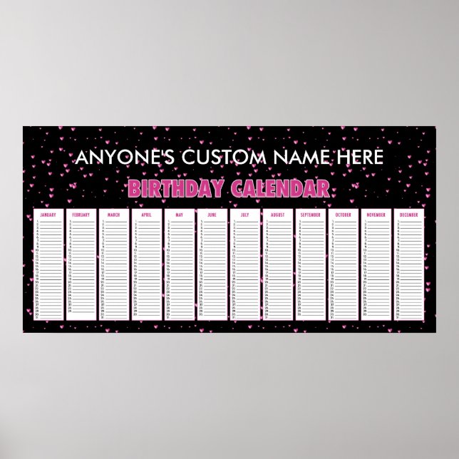 Póster Pink Hearts Perpetual Birthday Calendar Poster (Frente)