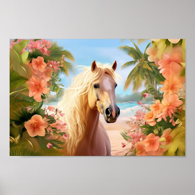 Póster Pink Hibiscus Beach Palomino Horse Poster (Frente)