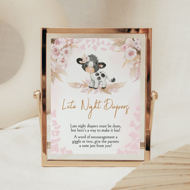 Póster Pink Holy Cow Baby Shower Late Night Diapers (Highland Cow Baby Shower Late Night Diapers Sign)