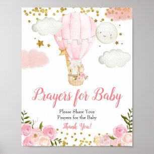 Póster Pink Hot air Balloon Prayers for Baby Shower Sign
