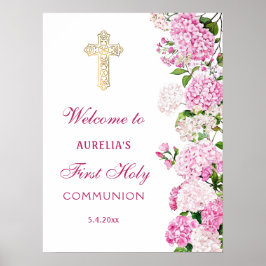 Póster Pink Hydrangea First Communion Welcome